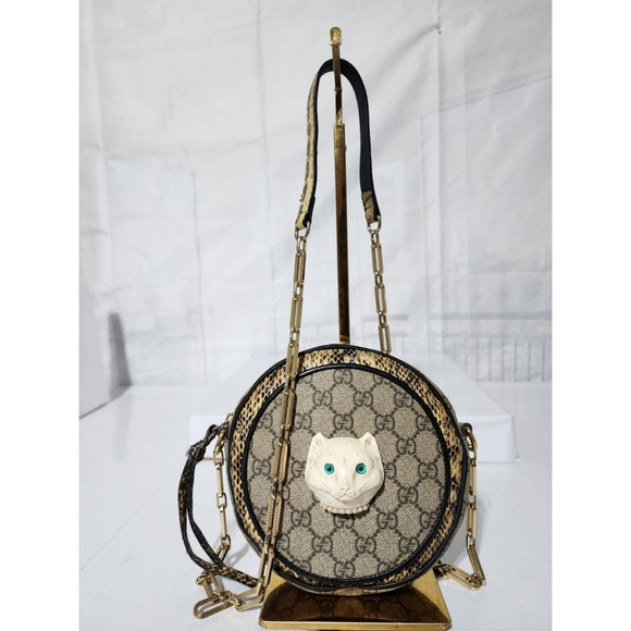 GUCCI GG Supreme Monogram Patchwork Cat Round Shoulder Bag Beige/Brown - Picture 7 of 16